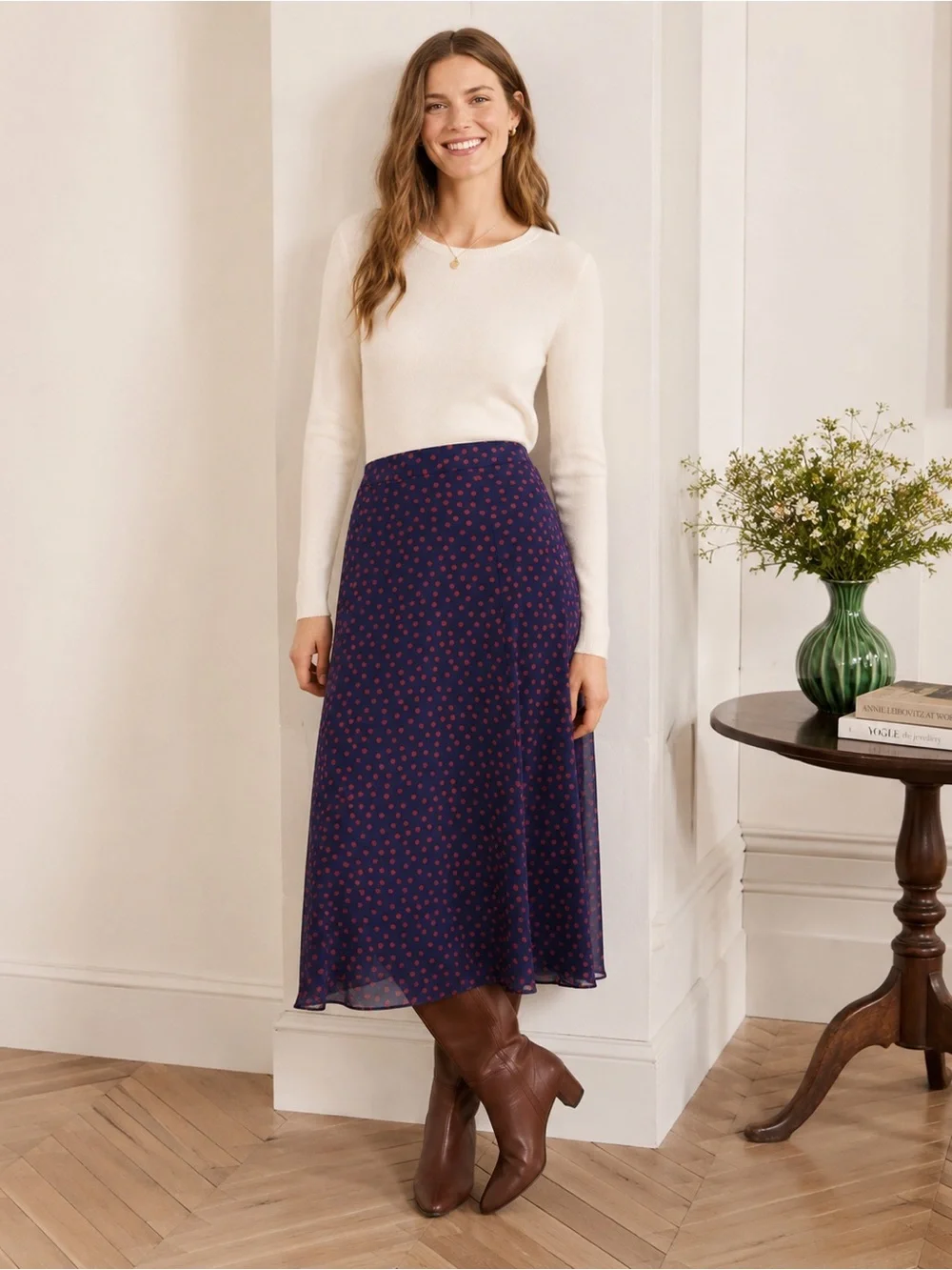 Boden Serena Navy Red Polka Dot Midi Flowy Skirt Size 14